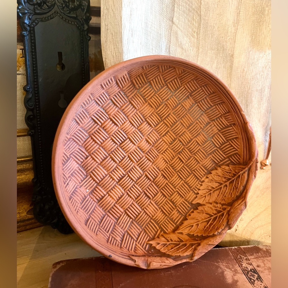 Vintage terra cotta basket weave trinket bowl with leaf print. Made in Portugal